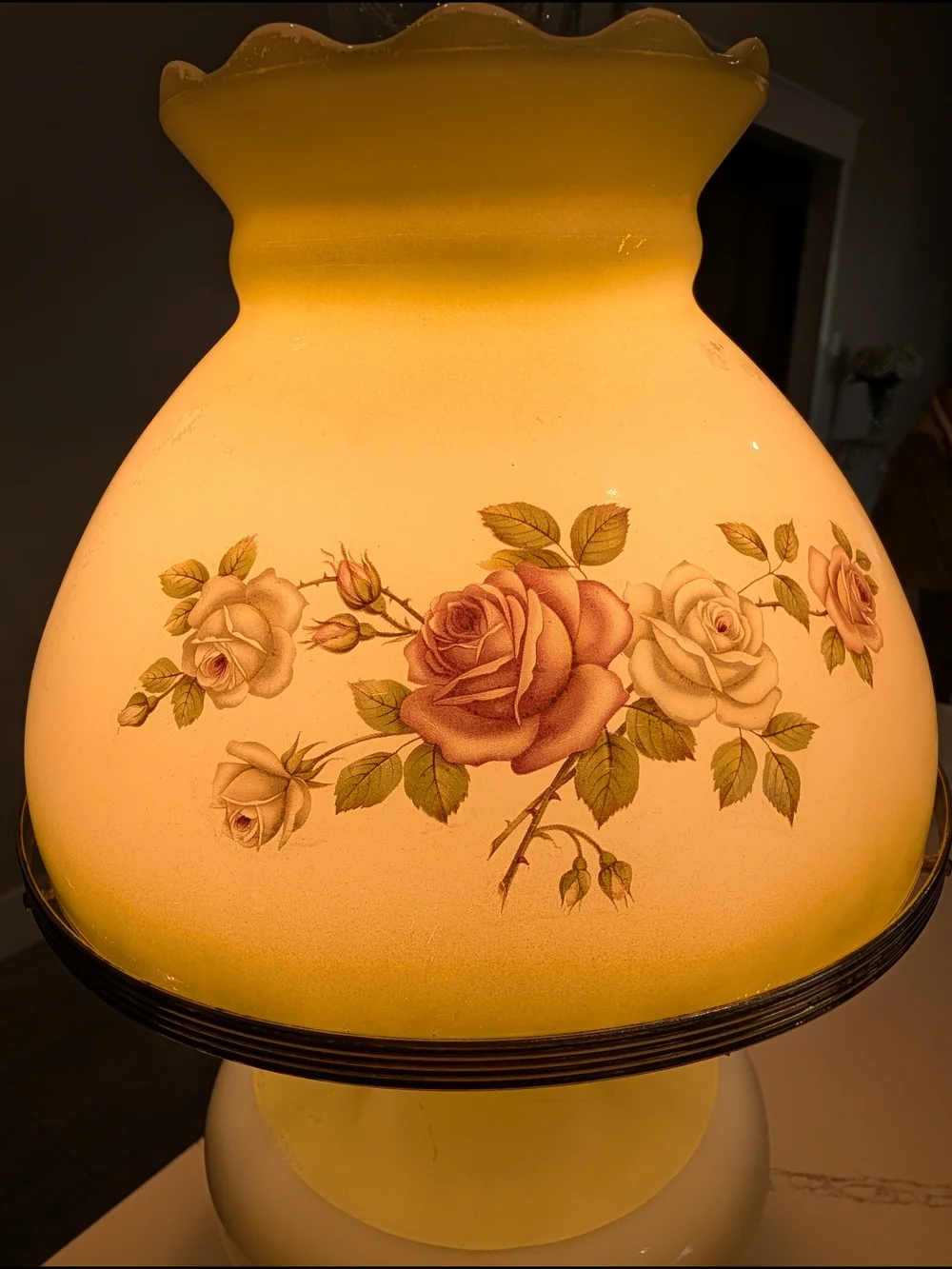 Vintage Gone With the Wind Hurricane Lamp Rose Floral Frosted Milk Glass Works